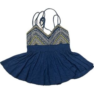 Free People Well Traveled Embroidered Halter Tank Top Womens Blue Size XS NWT